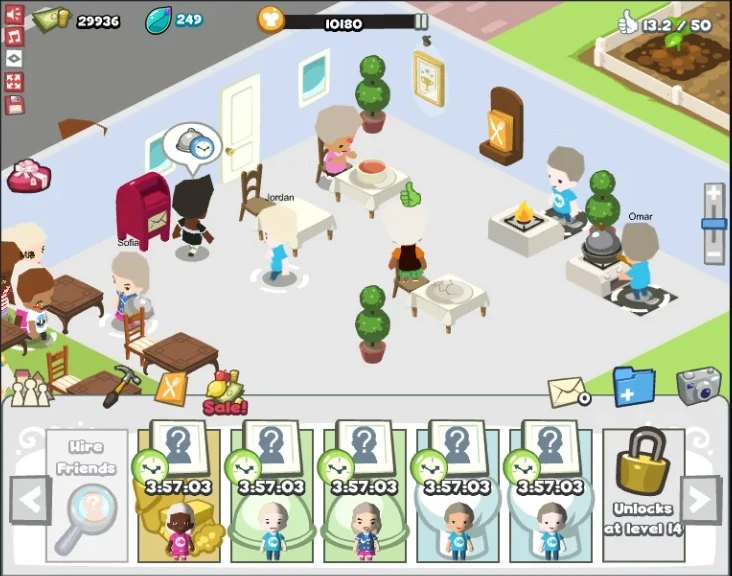 A restaurant in the game: guests eating at their tables while the cooks work at the stoves.
